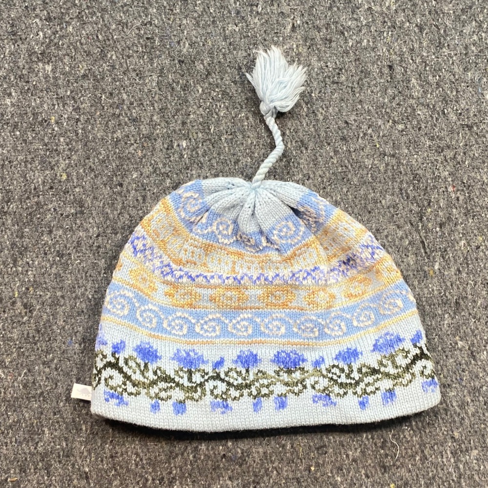 Vintage Fair Isle Floral Beanie Hat OS Womens Blue Wool Blend Boho Tassel USA